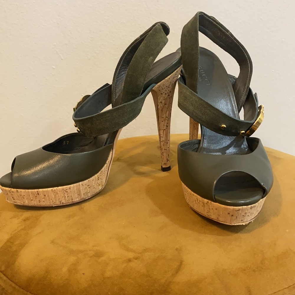 Gucci Dark Green leather and suede platform sandals with cork Heels | Size 37 - Picture 3 of 4